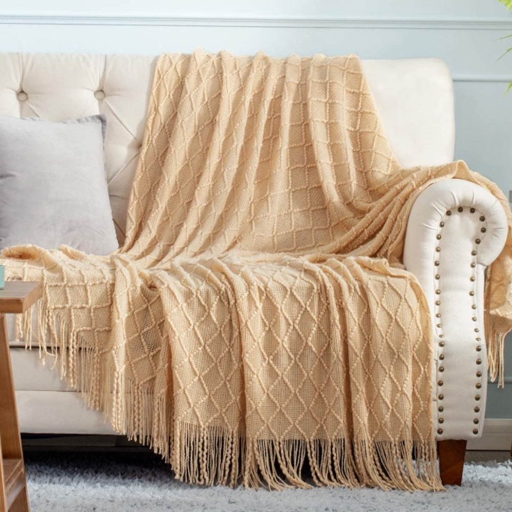 Camel Diamond Tassel Knit Neutral Modern Throw Cozy Fringe Patterned Blanket